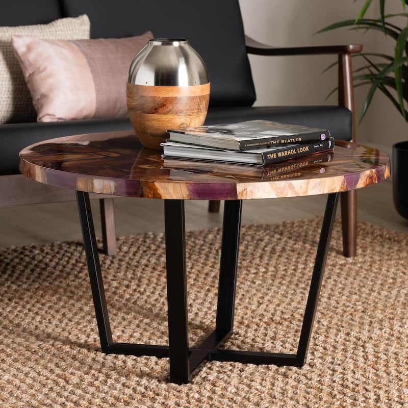 Apio Round Wood Epoxy Resin Coffee Table - Handcrafted Live Edge Teak Wood Accent Table with Black Metal Base, Modern Rustic