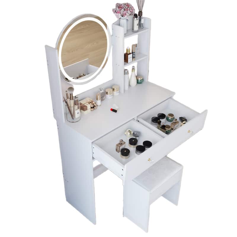 17" Vanity w/ Round Mirror, Stool, Touch Control 3 Colors LED, Storage