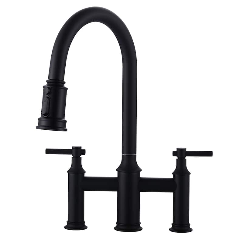 WOWOW Double Handle Pull Down Sprayer Bridge Kitchen Faucet - Matte Black