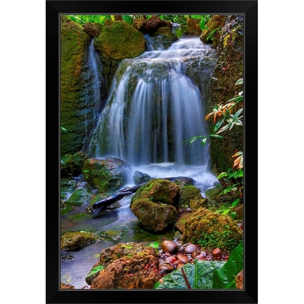 "Waterfall in Tropical Rainforest of Fairchild Tropical Gardens." Black Framed Print