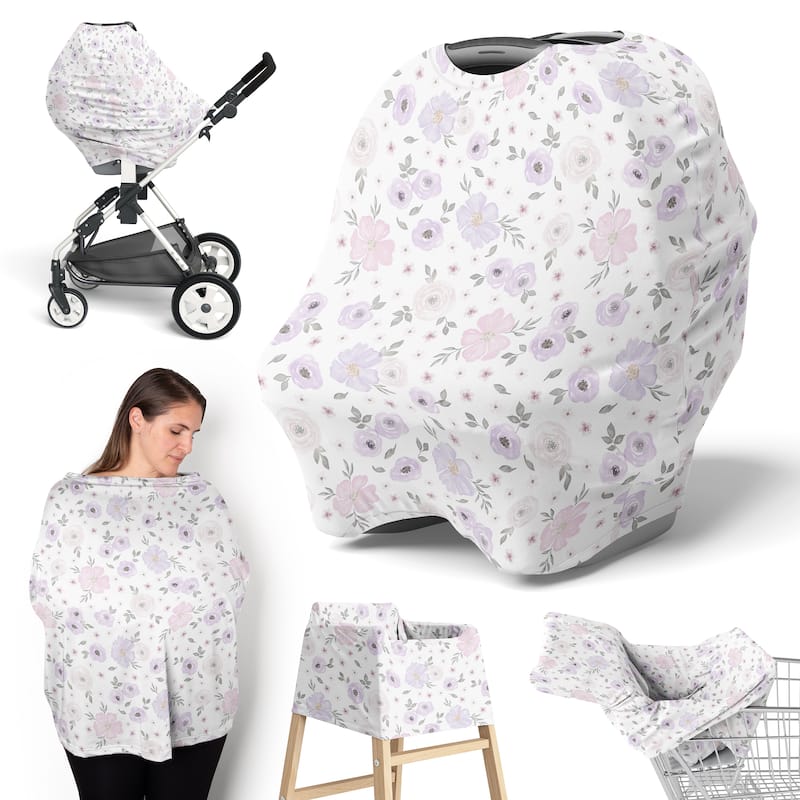 Sweet Jojo Designs Purple Watercolor Floral Girl 5 in 1 Baby Car Seat Nursing Cover Pink Grey Boho Bohemian Shabby Farmhouse