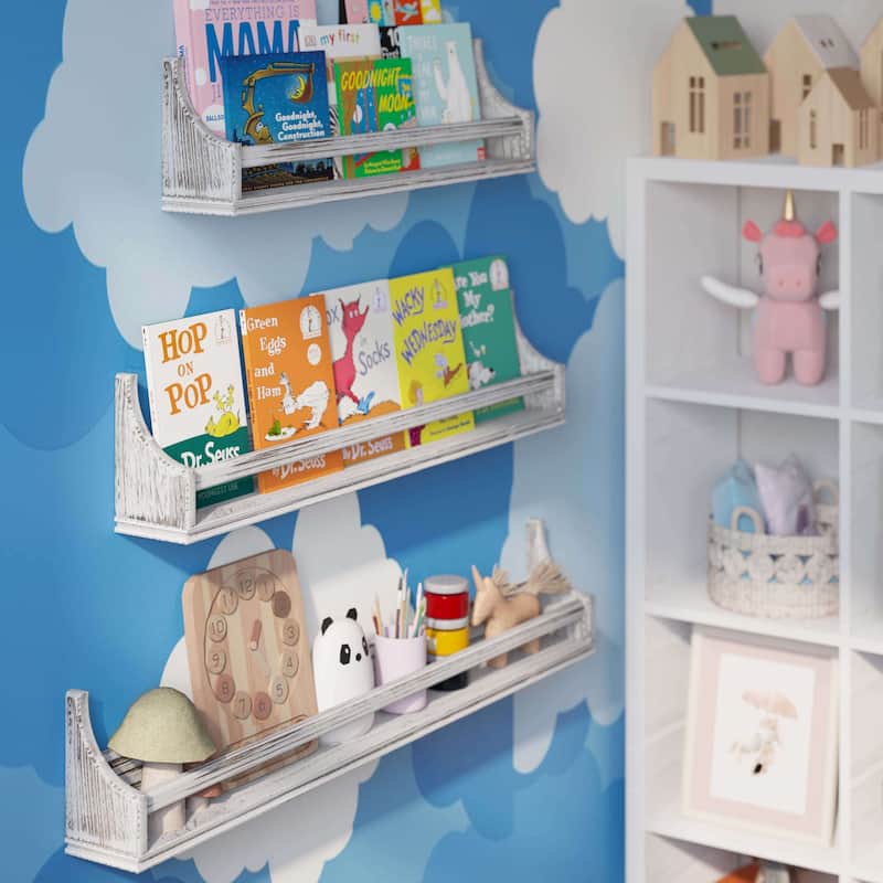 Wallniture Angel White Wall Shelves, Multi Length Bookshelves for Wall Decor, Shelving Unit for Storage,Display Shelves, 3pcs