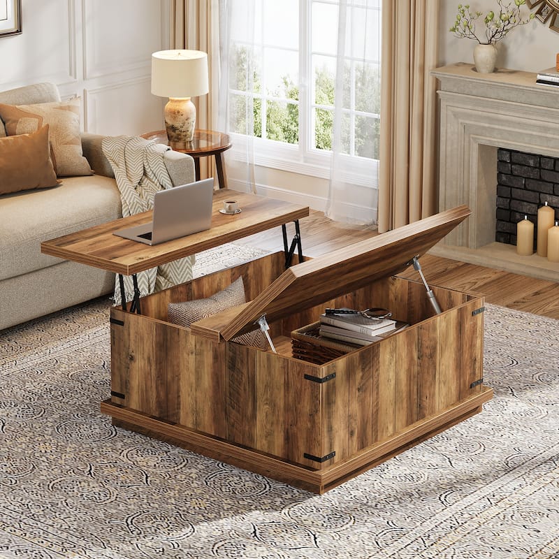Farmhouse 33.46" Lift Top Square Coffee Table with Hidden Storage - 33.46"D x 33.46"W x 19.7"H