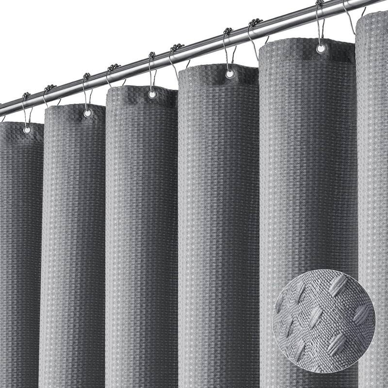 Waffle Textured Heavy Duty Thick Fabric Shower Curtain, Luxury Weighted Polyester Fabric Shower Curtain Set - Grey/Gray