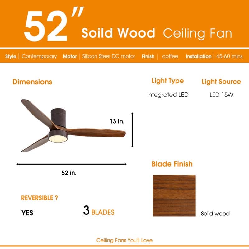 52" Flush Mount Wood Ceiling Fan with Dimmable LED Light and Remote Control