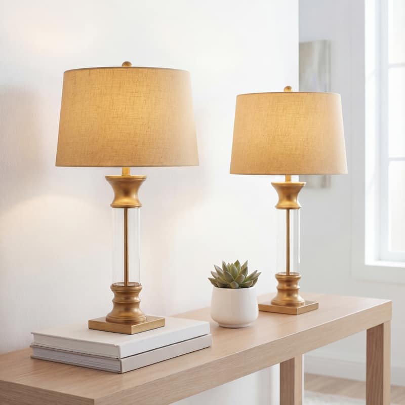 Stevens 32" Metal/Glass LED Table Lamp, Bronze (Set of 2) by JONATHAN Y - Gold/Clear