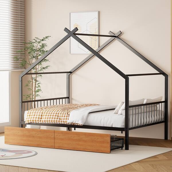 slide 2 of 15, Black House-shaped Frame Metal Bed with 2 Drawers and Roof, Full Size Black - Full