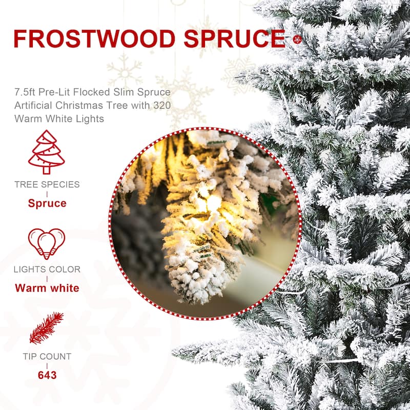 Glitzhome 6FT/7.5FT/9FT/11FT Snow Flocked Pre-lit Artificial Fir Christmas Trees