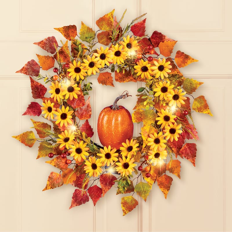 LED Lighted Fall Colorful Floral Pumpkin Hanging Wreath - Yellow - 19 x 19 x 5