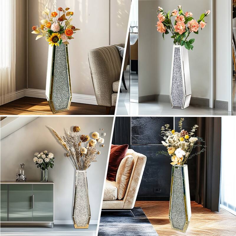 Glam Tall Crushed Diamond Floor Vase Crystal Silver for Home Decor