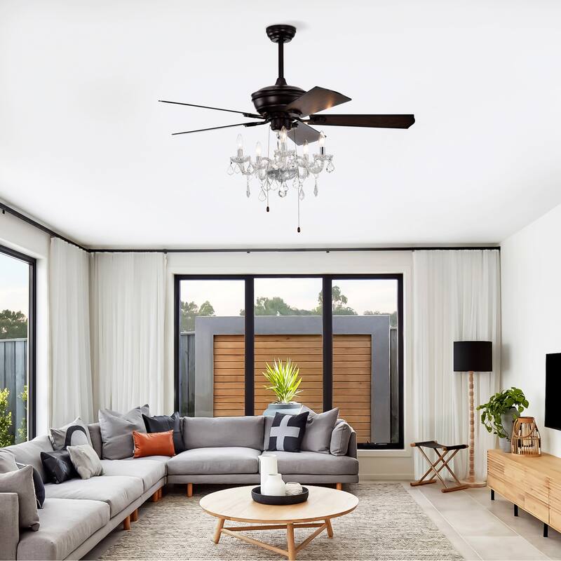 2-in-1 Ceiling Fan with Crystal Chandelier & 3-Speed Reversible Motor, Dual Finish Blades, Timer Function - Matte Black