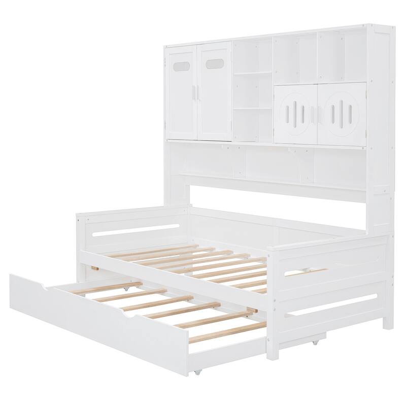Full Size Wood Daybed with Built-in Storage Cabinet, Open Shelves & Twin Trundle Bed, Space-Saving Multi-Functional Frame