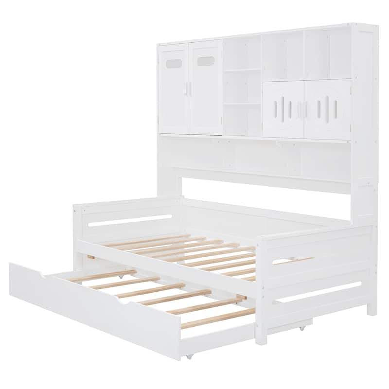 Space-Saving Twin Size Daybed with All-in-One Cabinet, Wooden Platform Bed Frame with Twin Trundle & Shelf, No Box Spring Needed