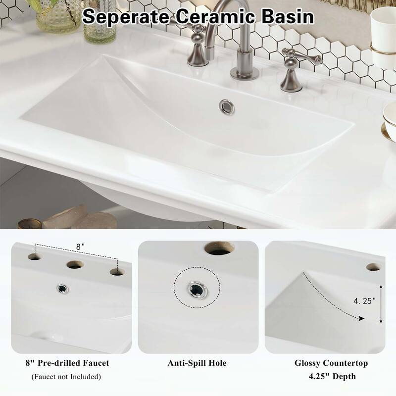 36 Inch Bathroom Vanity with Ceramic Sink,Adjustable and Open Shelves,Wood Legs