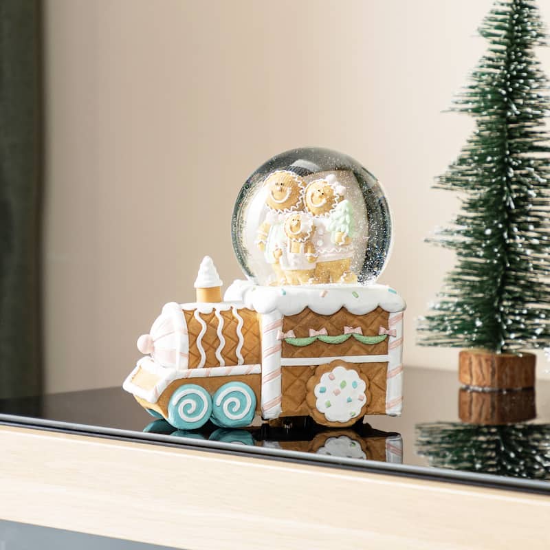 Glitzhome 100mm Christmas Resin Musical Snowflakes Ginginerbread Family Train Waterglobe
