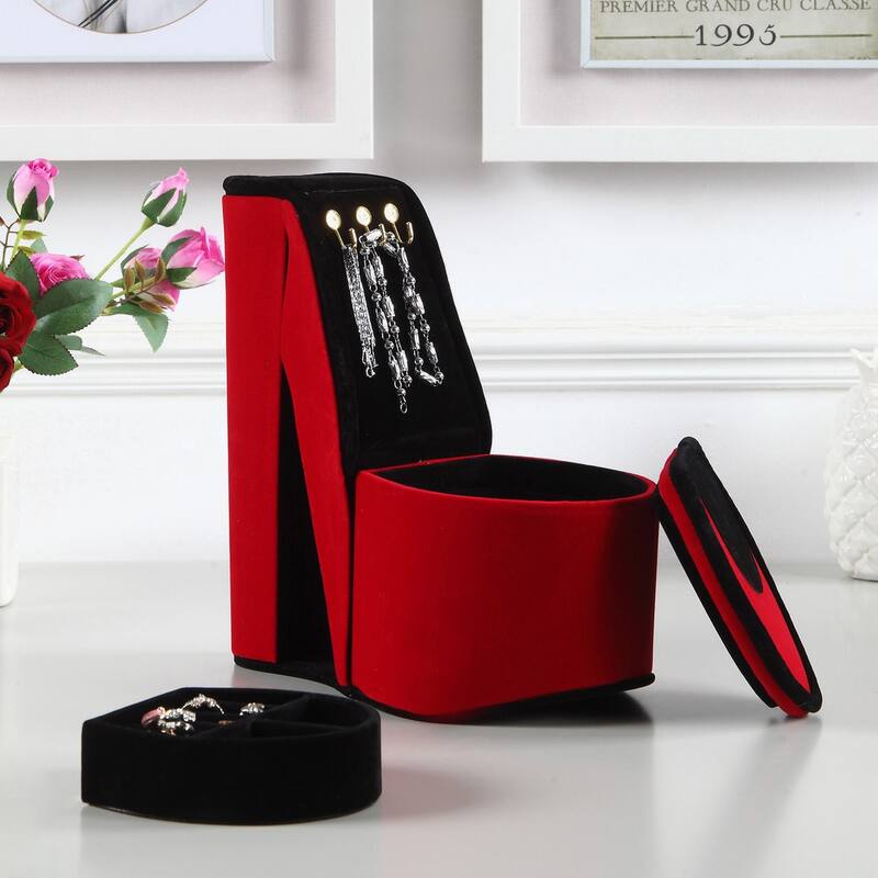 High Heel Shoe Design Jewelry Box with Hooks - Red Velvet