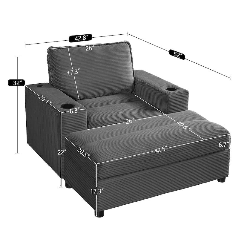 42.8" Oversized Chaise Lounge Chair with Storage Ottoman, Corduroy Sofa Bed with Cup Holders & USB Charging Port