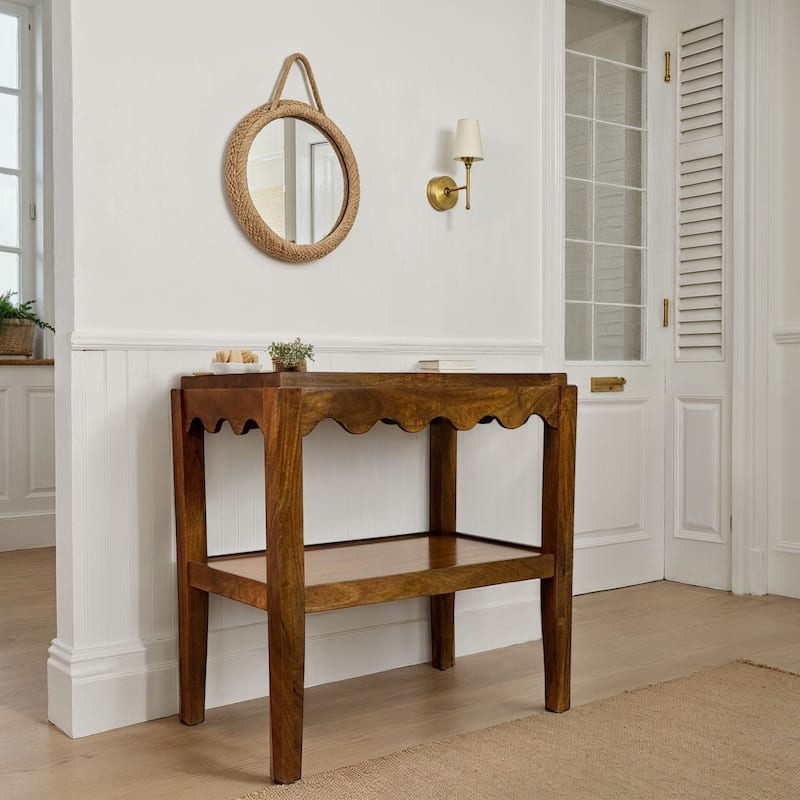 Carolina Chair & Table Rectangular Side Table, Mango Wood, Decorative Scallop Edge, 17L x 28W x 28H inches