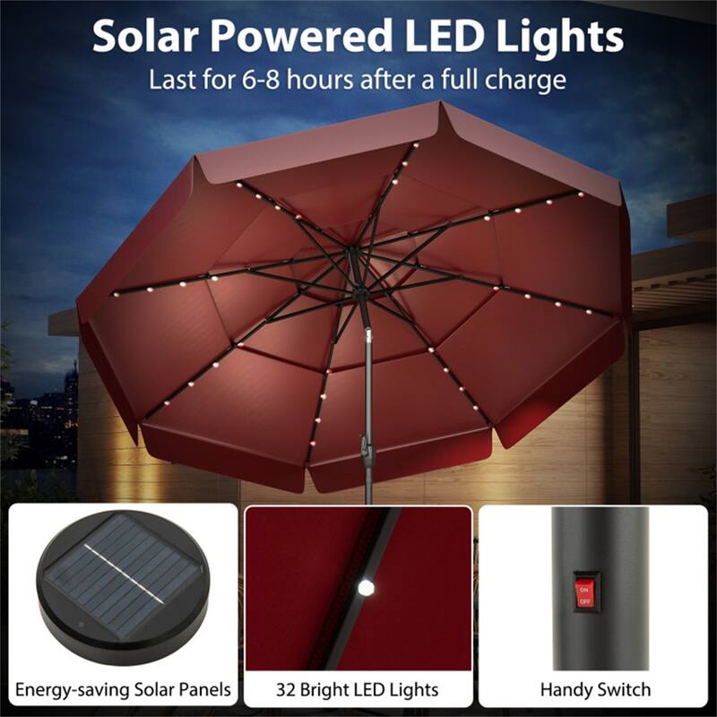 Outdoor 10 ft Umbrella with 3-Tier Venting Solar LED Lights Tilt and Crank for Poolside or Garden