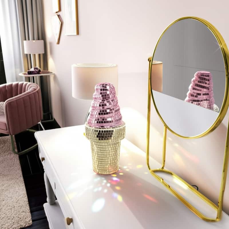 Glass Wood Figurine Mosaic Ice Cream Cone for Home Decor - 9" Pink - 4.25" x 4.25" x 9" - Pink/ Yellow - 4.25" x 4.25" x 9"