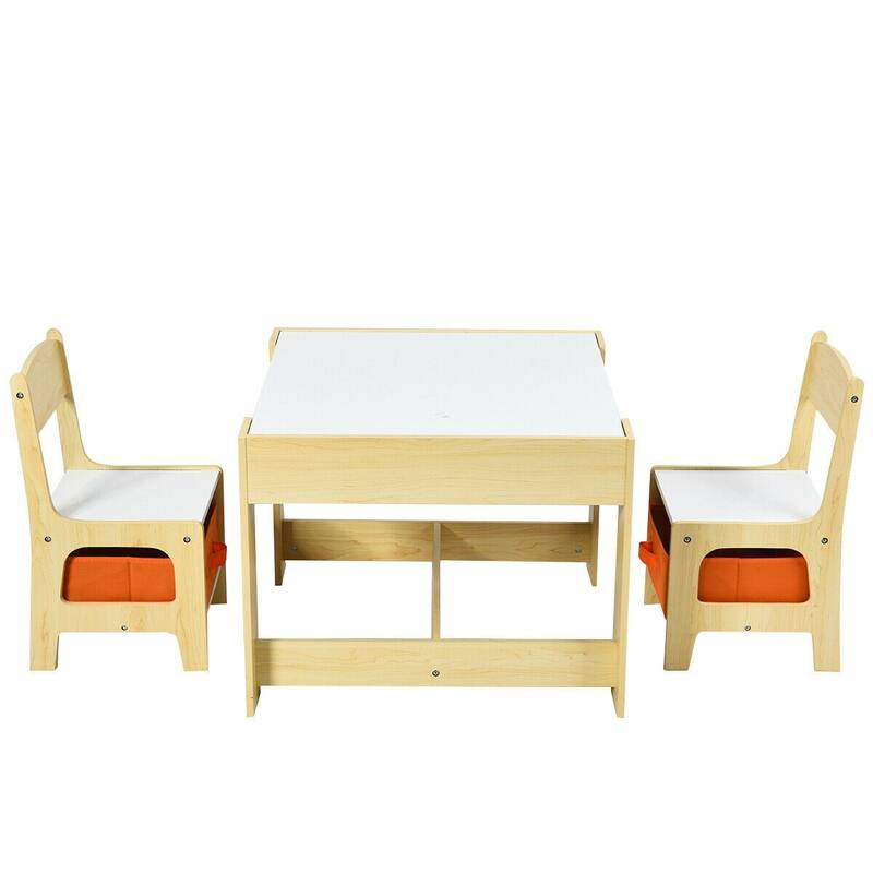 Kids Table and Chairs Set with Storage, Blackboard, and Whiteboard for Creative Drawing and Play - Natural