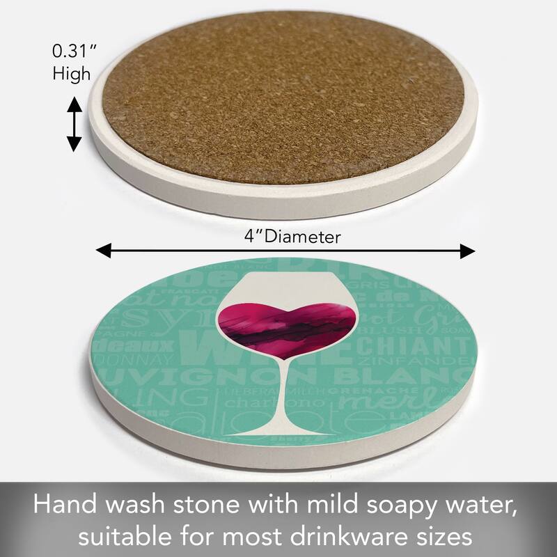 Wine Glass Heart 4 Pack Absorbent Stone Coaster with Protective Cork Backing Made in The USA 4" Round, Easily Wipes Clean