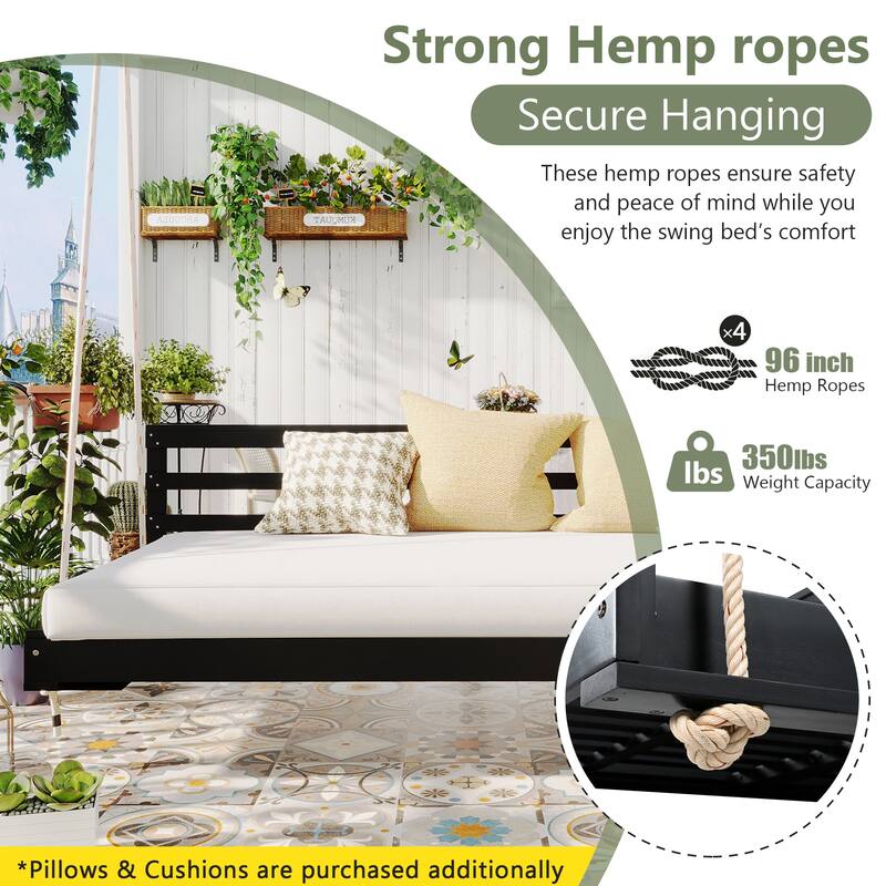 Patio Wooden Twin Size Swing Daybed Porch Swing Frame with 4pcs 96-inch Hemp Ropes for Backyard, Garden