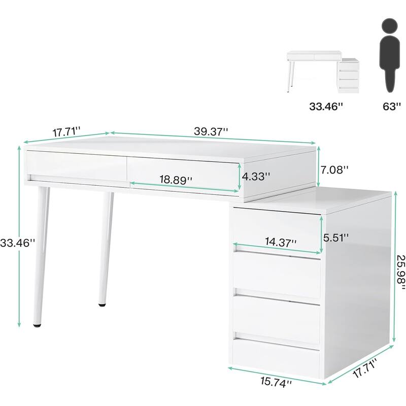 39" White Glossy Reversible Desk