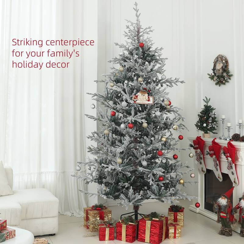 6/9FT Artificial Hinged Christmas Tree with Snow Flocked Tips & Foldable Metal Stand