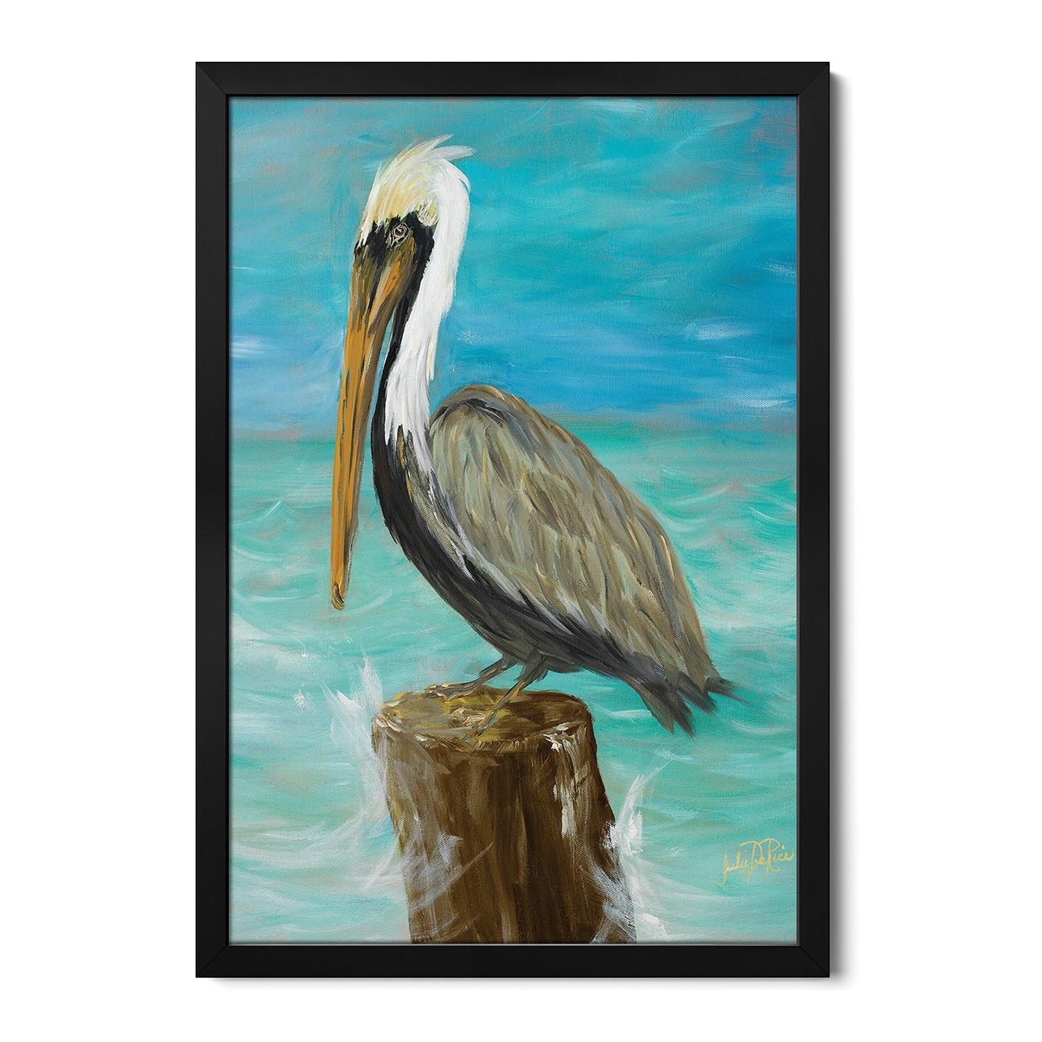 Single Pelican on Post Premium Framed Poster by Julie Derice