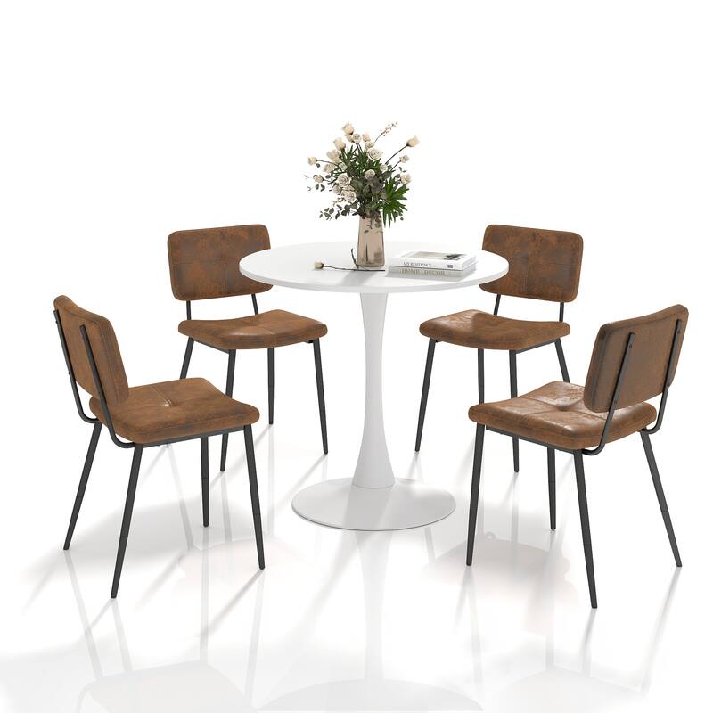 Homy Casa 5-Piece Industrial Dining Set with Round Pedestal Table and 4 Fabric Chairs - White - Brown