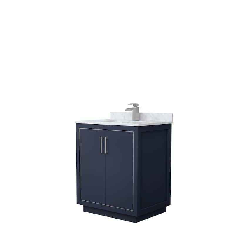 Icon Single Vanity Set, White Carrara Marble Top, No Mirror - 30-Inch Single - Dark Blue, Nickel Trim, White Carrara Marble Top