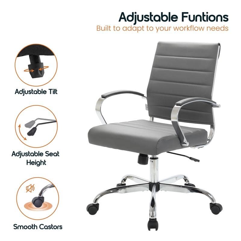 Benmar Leather Ribbed Office Chair with Chrome Frame, Adjustable Height, Tilt Lock, 360° Swivel, and Smooth Rolling Casters