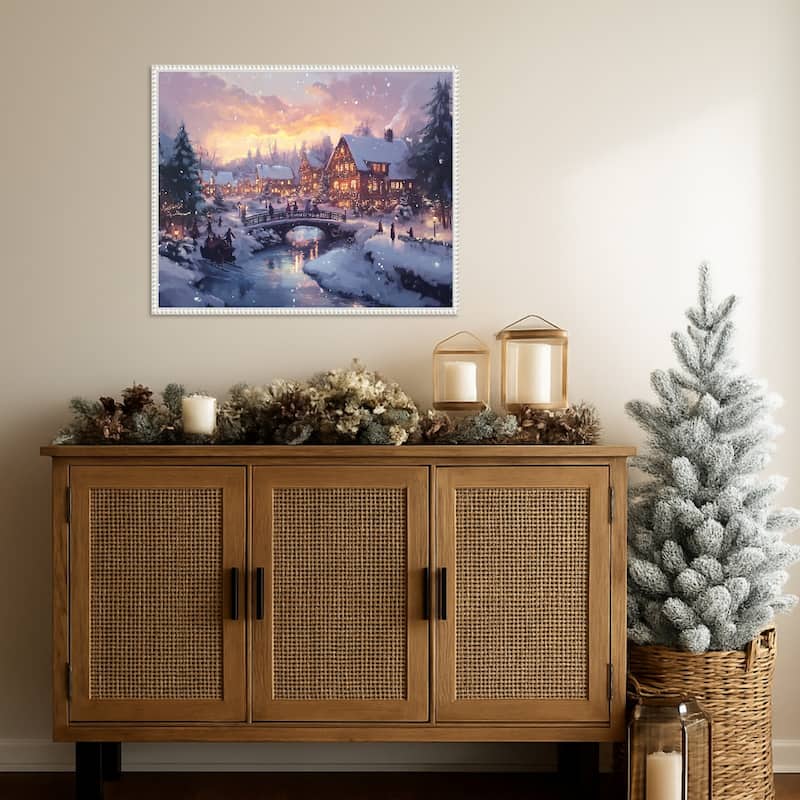 Pictufy Christmas Village by Pictufy (28 x 23 in.), Framed Canvas Wall Art Print - Sylvie Beaded White