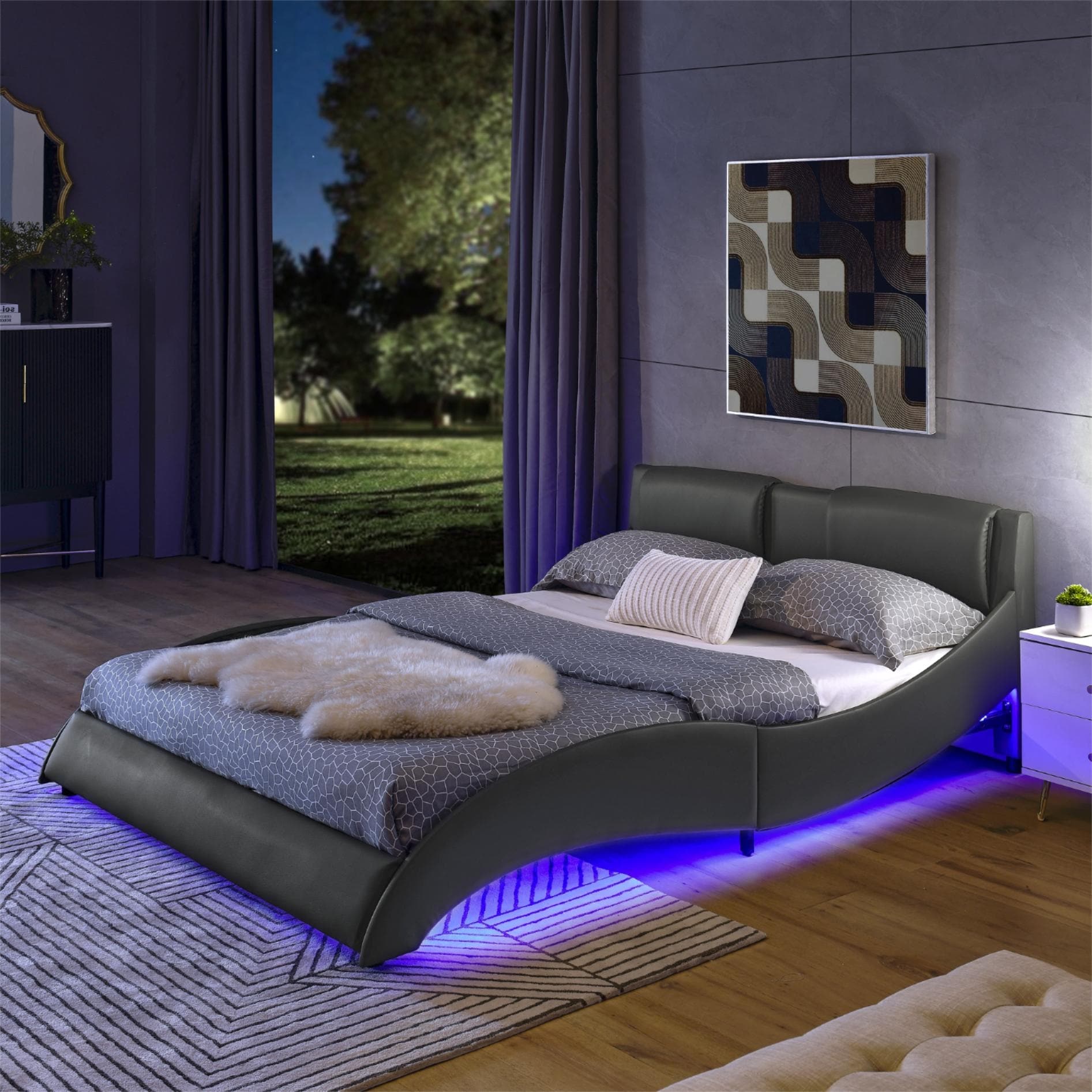 Queen Size LED Upholstered Platform Bed with and Wave Headboard