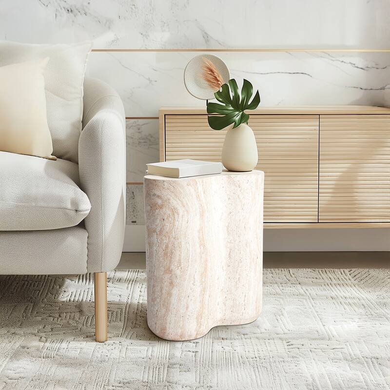 Clover Travertine Stone Finish Italian Design MgO Side Accent Table - 14.4"x13.8"x17.8"
