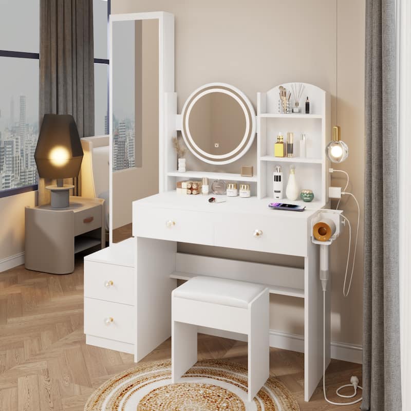 Adjustable LED Makeup Vanity with Mirror, Stool and USB Port