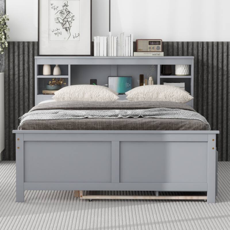 Full Size Platform Bed with Storage Headboard, USB, Twin Size Trundle and 3 Drawers