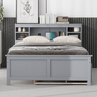 Full Size Platform Bed with Storage Headboard, USB, Twin Size Trundle and 3 Drawers