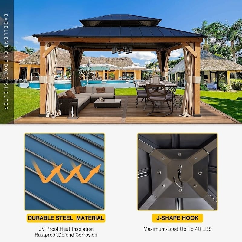 Hardtop Wood Gazebo for Patio, Outdoor Cedar/Spruce Pergola with Metal or Asphalt Roof, All-Weather Backyard Shelter