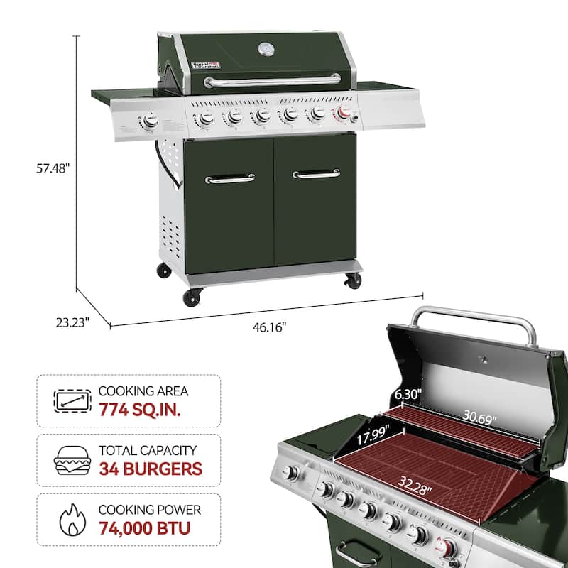 Royal Gourmet 6-Burner Cabinet Style Grill Gas Grill with Sear & Side Burner, 74000BTU, Olive Green