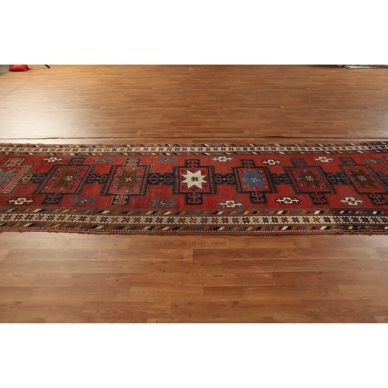 Hand Knotted Oriental 100% Wool Carpet Traditional Tribal Red Kazak Runner Rug - 13' 3'' X 3' 10''