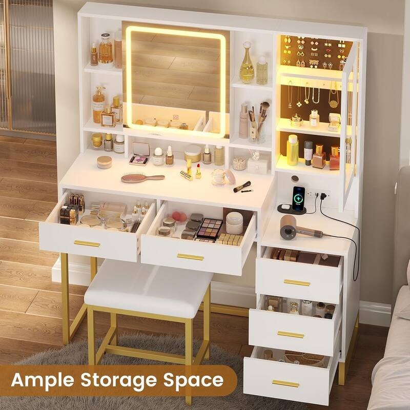 Makeup Vanity with Stool Charging Station Jewelry Storage RGB Lights 5 Drawers Shelves