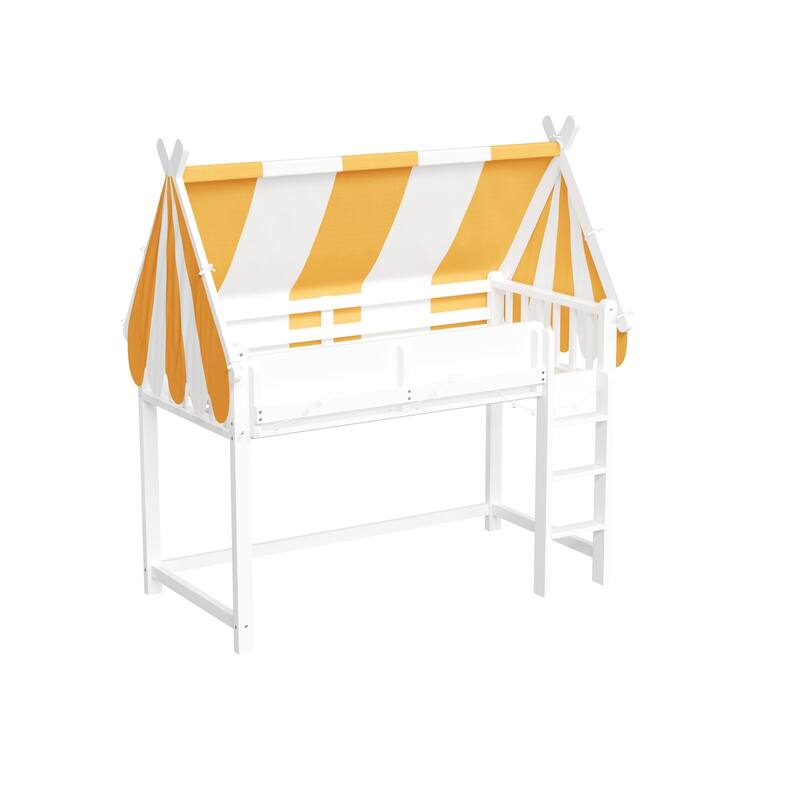 Roomfitters Twin/Full Size Loft Bed with Canopy, LED Lights and Book Shelf