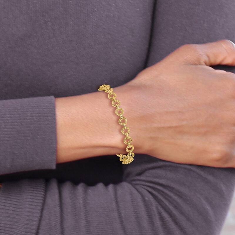 Curata 14k Yellow Gold Polished and Textured Fancy Link Bracelet 7 Inch