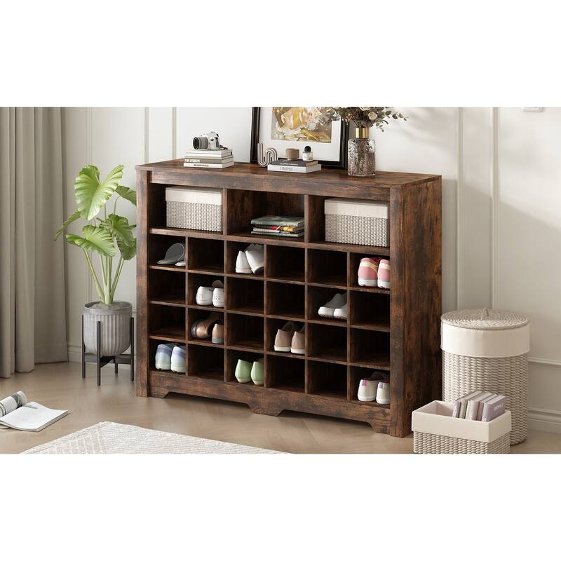 Shoe Cabinet Console, Square Lattice Shoe Storage Cabinet with Curved Base, 24 Pair Wood Shoe Rack for Entryway