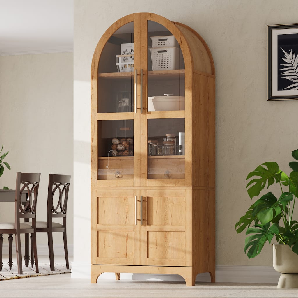 Farmhouse Pantry Cabinet with Arch, 71" Tall Multifunctional Storage with Glass Door, Hidden Drawer for Kitchen