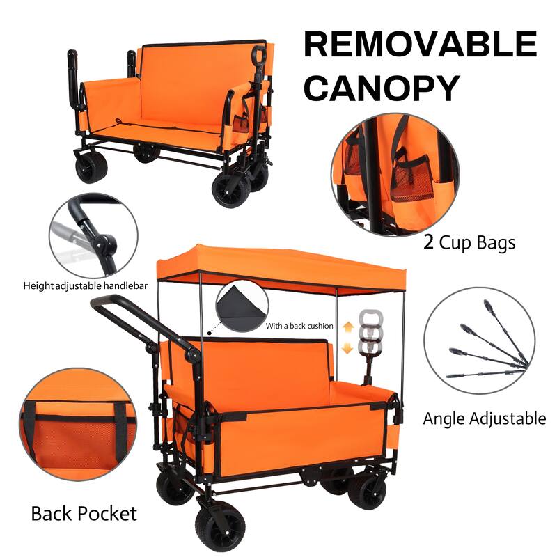 3-in-1 Folding Wagon Cart with Bench Seat & Canopy & Storage, 500lbs Heavy-Duty, 180L Capacity, All-Terrain Wagon