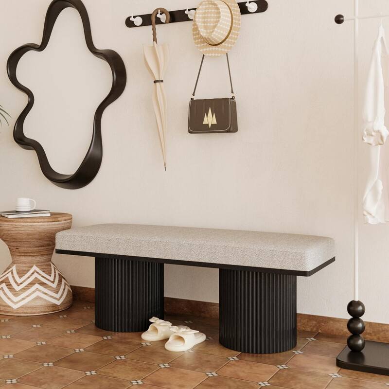Upholstered Bench with Black Chunky Legs Light Grey Boucle Fabric Contemporary Style Bed-end Bench for Bedroom Living Room - Grey