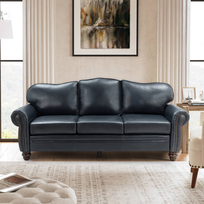 Balvino 81" Wide Transitional Genuine Leather Rolled Arm Nailhead Trim Sofa with Solid Wood Legs